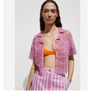 NWT Mango Pink Crochet Knit Button Front Collared Crop Top Boho Resort Size S